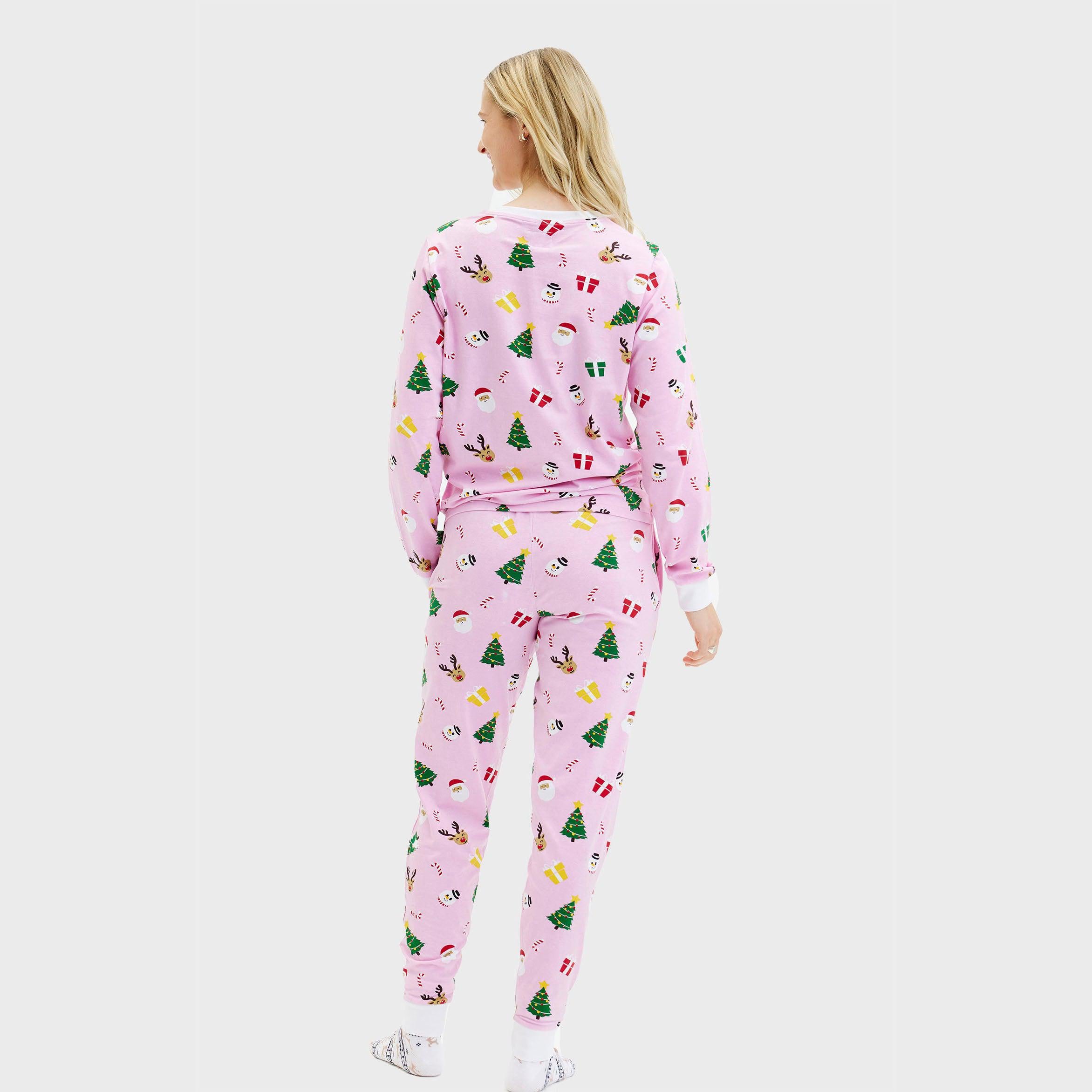Weihnachtspyjama Damen in Rosa mit buntem Weihnachtsmuster, nachhaltiger Stretchstoff.